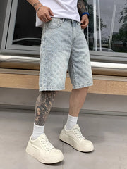 Threebooy Summer Thin Design Ripped Five-Point Pants Loose Casual Mid-Length Pants American Retro Jacquard Denim Shorts for Men