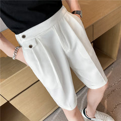 Threebooy Summer New Elastic Waist Knee Length Business Formal Wear Straight Shorts Men Clothing Simple Slim Fit Casual Short Homme