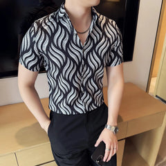 Threebooy Summer New Print Shirts Mens Half Sleeve Retro Casual Shirts Fashion Versatiles Business Slim Social Party Tuxedo Blouse
