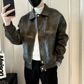 Threebooy Mens Leather Jacket Pocket Zipper Leather Jacket Autumn Casual Versatile Streetwear Trend Daily Top Men's Clothing Unisex