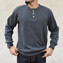 Threebooy Classic Men's Waffle T-shirt Knit Henley Collar Long Sleeve Pure Cotton Casual Tee Regular Fit 230g