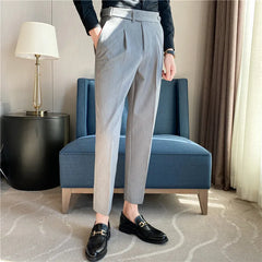 Threebooy British Style Autumn New Solid High Waist Trousers Men Formal Pants High Quality Slim Fit Business Casual Suit Pants Hommes