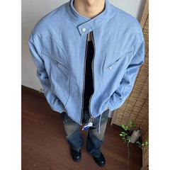 Threebooy Punk Spliced Jacket High-end Blue Short Work Cargo Coat Men's Handsome Trendy Solid Color Zipper Jacket All-match Top