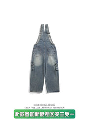 Threebooy American Retro Patch Embroidered Old Washing Denim Overalls Korean Fashion Men Women Vintage Jumpsuits Aesthetic Functional