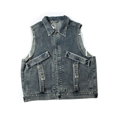 Threebooy American Casual Pure Cotton Washing Denim Vest Loose Sleeveless Horse Clip Men Women Work Pocket Trendy Vest Jacket Aesthetic