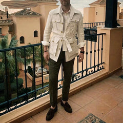 Threebooy Spring Clothing Men's Light Luxury Long Sleeve Striped Pocket Shirt Casual Streetwear Button-down Shirt with Belt S-5XL 2025 New