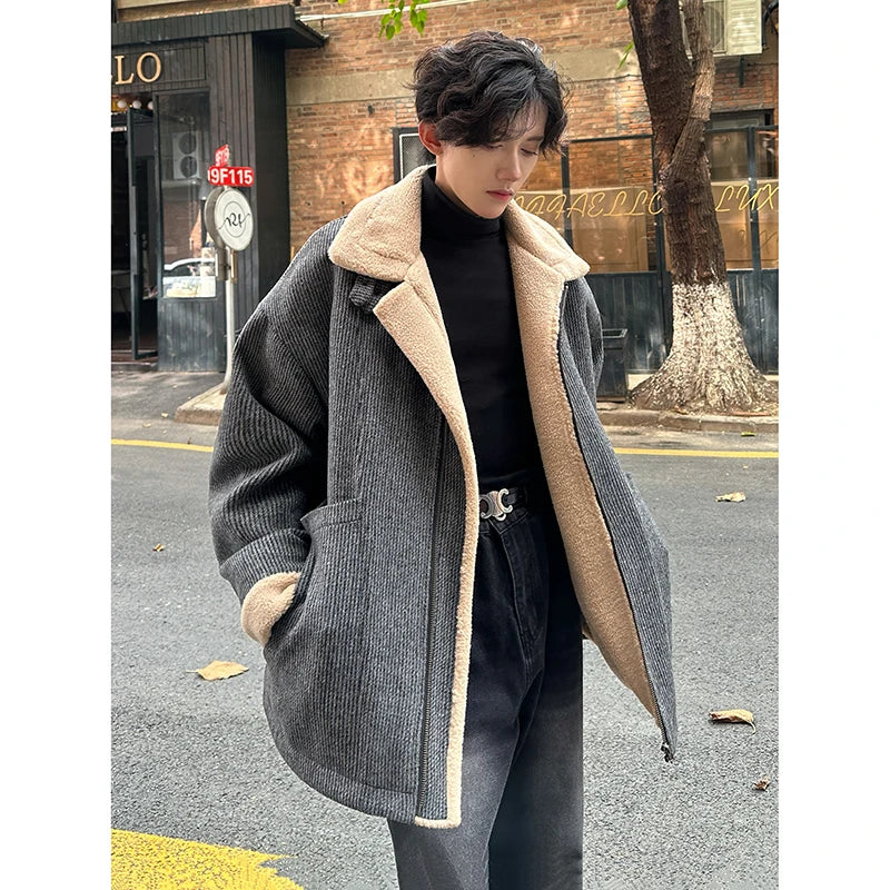 Threebooy Men Winter Berber Fleece Jacket Parka Coat Mens Multi-pockets Stand Collar Casual Thick Warm Jacket Man Khaki/Dark Gray