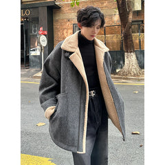 Threebooy Men Winter Berber Fleece Jacket Parka Coat Mens Multi-pockets Stand Collar Casual Thick Warm Jacket Man Khaki/Dark Gray