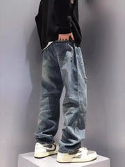 Threebooy New Men's Ripped Jeans Baggy Straight Fashion Vintage Blue Denim Pants Personality Streetwear Hip Hop High Quality Male Trousers