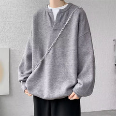 Threebooy Autumn Men's Clean Fit V-Neck Base Sweater High Street Fashion Solid Color Loose Knitted Pullovers New Y2K Knitwear Jumpers