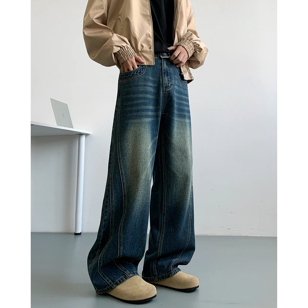Threebooy Winter Nostalgic Blue Jeans Men Chic Patchwork Loose Casual Denim Pants Wide Leg Male Straight Mopping Trouser Streetwear