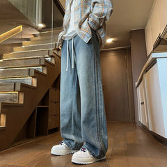 Threebooy Men Denim Pants Elastic waist pull rope Straight Droop Vintage Loose Bottom Straight Wide Leg Casual Male Trousers Korean Style