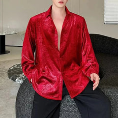 Threebooy Mens Shirt Metallic Glossy Shirt Autumn Fashion Trend Nightclub Campus Stage Temperament Long-Sleeved Top Men'S Clothing
