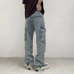 Threebooy Multi-pocket hole high-end heavy washing loose tide men's straight pants casual fall sense of work Motorcycle personality pants