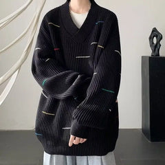 Threebooy Korean lazy style striped V-neck sweater for men and women in autumn and winter trendy loose casual couple Harajuku casual top