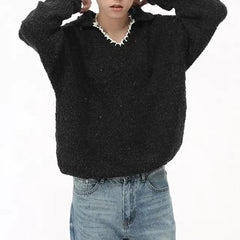 Threebooy Y2K Mens Sweater V-Neck Knitted Long Sleeve Hoodie Autumn Casual Lazy Chic Daily Solid Color Korean Couple Clothing Unisex