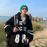 Threebooy American retro hoodies jacket for men Letter print Hooded Sweatshirt Baggy Zipper Hoodie Coat Green hoodies Men/Women Outwear