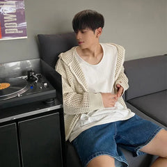 Threebooy Men's High-end Feelcardigansweater Ins Casual Hooded Knitted Top Summer Thin Sun Protection Couple Jacket Fashion Streetwear