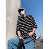 Threebooy Men Cotton T Shirt Breathable Comfort Round Neck Button Striped Summer Casual Soft Lightweight Streetwear Fashion Cotton Tee Top