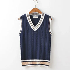 Threebooy Striped White Knitted Sweaters for Men Blue Sleeveless Man Clothes V Neck Vest Red Waistcoat Jumpers Sweat-shirt Cigaret Cotton