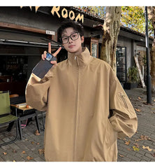 Threebooy Spring New jacket man baggy Bomber jacket Windbreaker Men's Zipper Casual Jacket Solid loose coat Fashion trend Stand collar