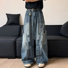 Threebooy Korean Version Men'S Curved Knife Jeans With Loose Retro Design Straight Leg Pants Casual Large Pocket Wide Leg Pants