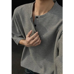 Threebooy American Cleanfit Shirt Henry Neck Waffle Short-sleeved Blouse Men's Summer Retro T-shirt High-end Gray O-neck Half Button Shirt