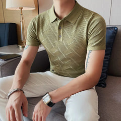 Threebooy New Men's Knitted Polo Shirt - Slim Fit Hollow-Out Short Sleeve Lapel T-Shirt, Summer Men Golf Shirt