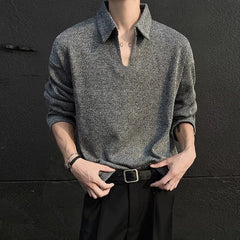 Threebooy New American Retro Men Polo Shirt Luxury Knitted Solid Color V Neck Long Sleeve T-shirt Casual Premium Quality Textured Knitwear