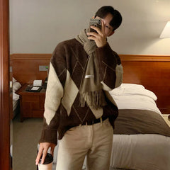 Threebooy Autumn Men's Casual Knitted O Neck Pullover Sweater Light Luxury Korean Patchwork Leisure Long Sleeve Tops Autumn Clothing