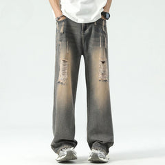 Threebooy American Style High Street Vintage Washed Ripped Jeans Men with Loose Hanging Feel Straight Leg Wide Leg Pants