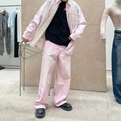 Threebooy Streetwear Gradient Color Washed Pink Dirty Jeans for Men and Women Straight Casual Baggy Denim Trousres Oversized Loose Cargos