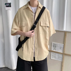 Threebooy Working Pocket Solid Color Pure Cotton Short-sleeved Shirt Fashionable Summer Lapel Button Functional Half-sleeved Cardigan