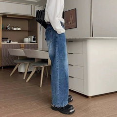 Threebooy New Korean Cleanfit Male Jeans Luxury Naples High Waist Wide Legs Denim Pants Fashion Solid Color Retro Premium Elegant Trousers
