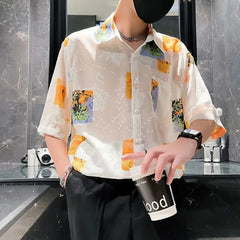 Threebooy Y2K Mens Shirt Semi Transparent Printed Color Short Sleeved Shirt Summer Casual Hawaiian Short Sleeved Top Men's Clothing