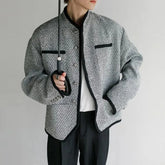 Threebooy Mens Jacket Retro Textured Knit Temperament Trendy Contrast Trim High-End Jacket Unique Pockets Chic Cropped Men'S Clothes