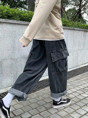 Baggy Jeans Men's Oversize Streetwear Fashion Wide Leg Cargo Pants Hip Hop Harajuku Multi-Pocket Denim Trousers Black Blue