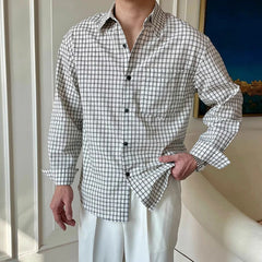 Threebooy New American Retro Men Shirts Light Luxury Textured Lapel Plaid Long Sleeve Cardigan Leisure Trendy Premium Check Blouse M-2XL