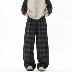 Threebooy Winter Trendy Tartan Fleeced Plaid Casual Pants Men's Loose Straight Warm Long Pants Mopping Trousers For Men Black/Coffee