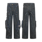 Threebooy High Street Vintage Washed Pockets Baggy Denim Trousers for Men and Women Straight Ropa Hombre Jeans Oversized Casual Cargos