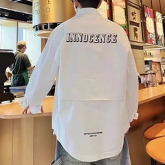 Threebooy New Autumn and Winter Fashion Trend Versatile Men's Patchwork Square Collar Button Letter Loose Casual Long Sleeved Shirts