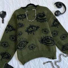 Threebooy Gothic Punk Oversized Eye Pattern Sweaters for Men and Women Autumn and Winter Thickened Sweatshirts Knitted Sweater Streetwear