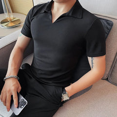 Threebooy Summer Men's Clothing Luxury Jacquard Knit V Neck Short Sleeve Polo Shirt Leisure Breathable Fashion High Quality Knitwear S-3XL