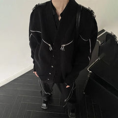 Threebooy American Street Niche Deconstructed Stand-Up Collar Sweater Men'S Destroyed Design Sense Wool Coat Metal Button Trend Y2k Jacket