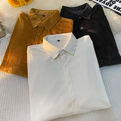 Threebooy Trendy Yellow Long Sleeve Corduroy Shirt For Men Casual Loose-fit Shirt Spring Korean Style Fashion Daily Streetwear