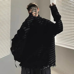 Threebooy Man Clothes High Collar Knitted Sweaters for Men Torn Solid Color White with Holes Pullovers Plain Turtleneck Street Sheap Ugly
