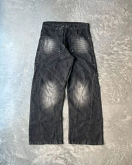 Threebooy American Hip Hop High Street Streetwear Heavy Industry Jeans Striped Washed Wide Leg Pants Retro Distressed Straight Leg Pants