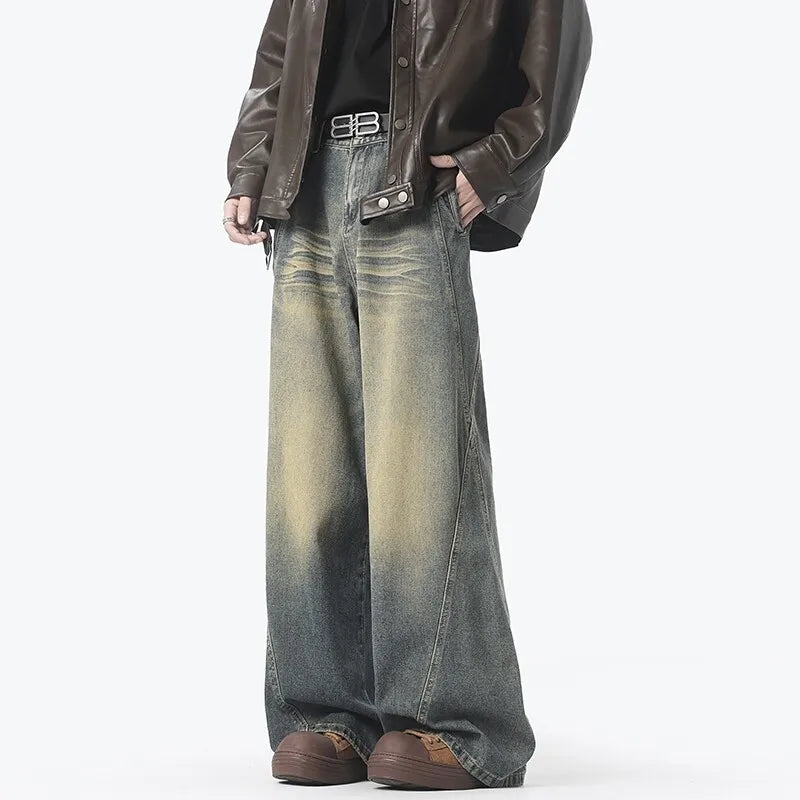 Threebooy American Style Vintage Straight Jeans Men Retro Fashion Mopping Pants Unisex High Street Loose Casual Wide Leg Denim Pants