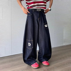 Threebooy Summer New Men's Solid Color Scimitar Wide Leg Jeans American Retro Fashion Trend Casual Simple Loose Niche Men's Bottoms