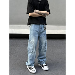 Threebooy Y2K Fashion Multi Pockets Washed Blue Baggy Jeans Cargo Pants For Men Vintage Clothes Straight New Denim Trousers